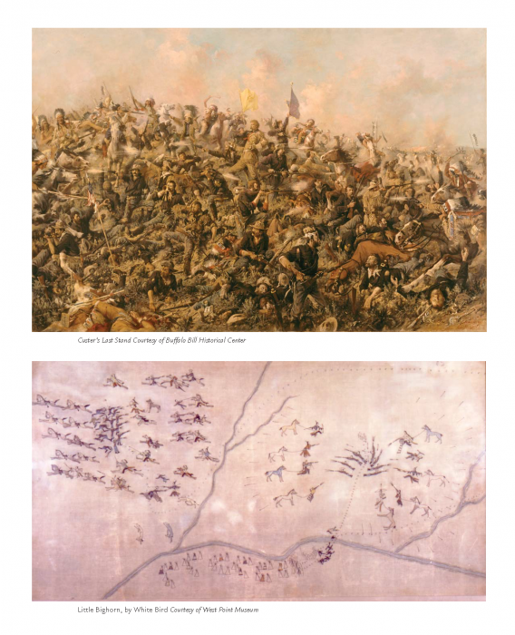 Composite of painting and Indian depiction of Custer's last stand