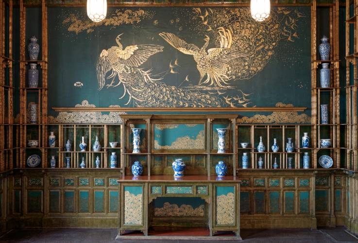 View of Peacock Room with blue and white porcelains