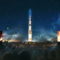 Cropped rendering of Saturn rocket projected onto Washington Monument