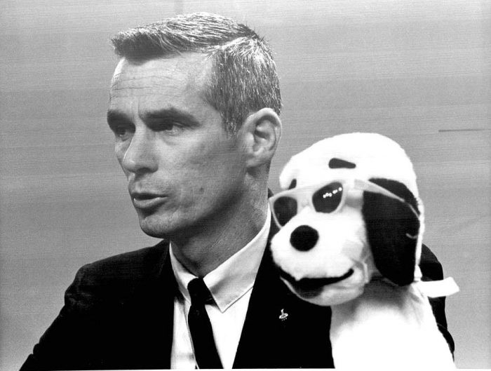 B&W photo of Cernan with toy Snoopy