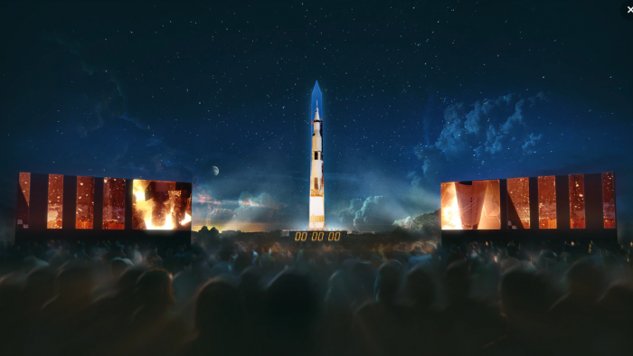 Artist rendering of space rocket projected onto Washington Monument