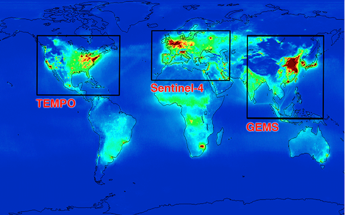 Diagram showing field of regard for three satellites worldwide