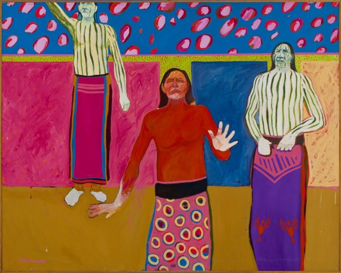 Brightly colored painting showing three figures