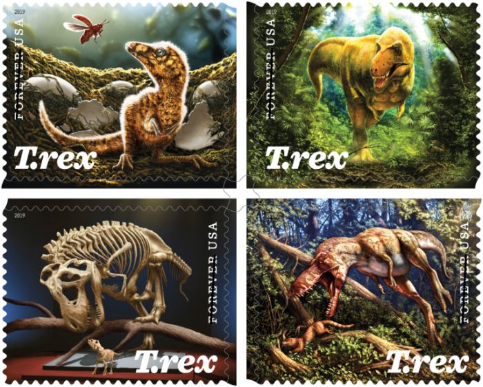 Sheet of 4 T. rex stamps