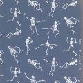 Design showing white skeletons on blue backgroun