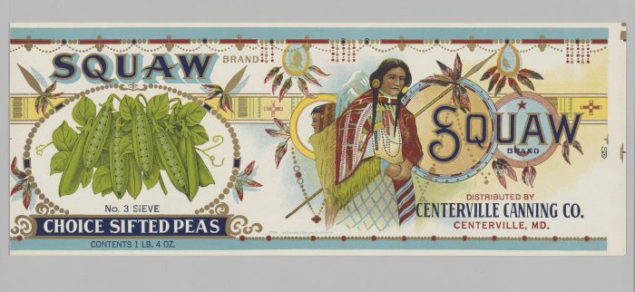 Label for canned peas featuring Indian woman
