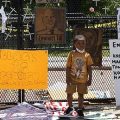 Child stands in front of fence covered with drawings and posters