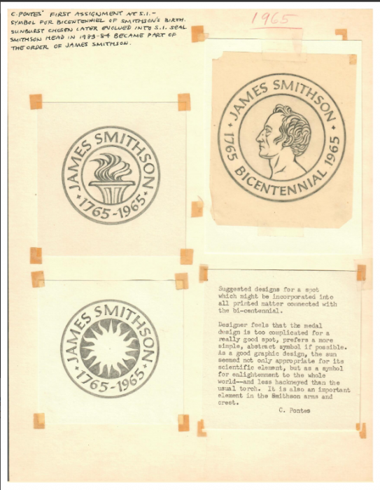 Drawing of Smithsonian Seal with typewritten notes