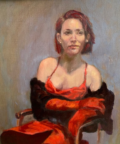 Painting of woman in red dress