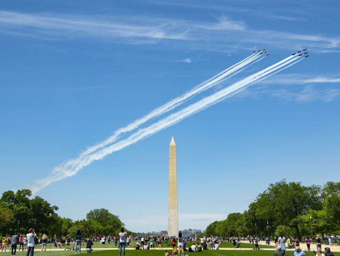 Flyover past Washington monument