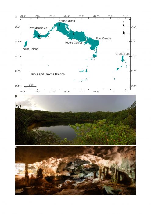 Map and two photos of Turks and Caicos cave system