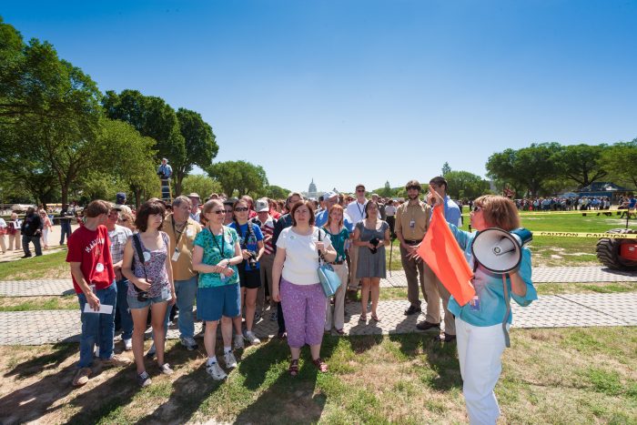 Woman with flag and megaphone