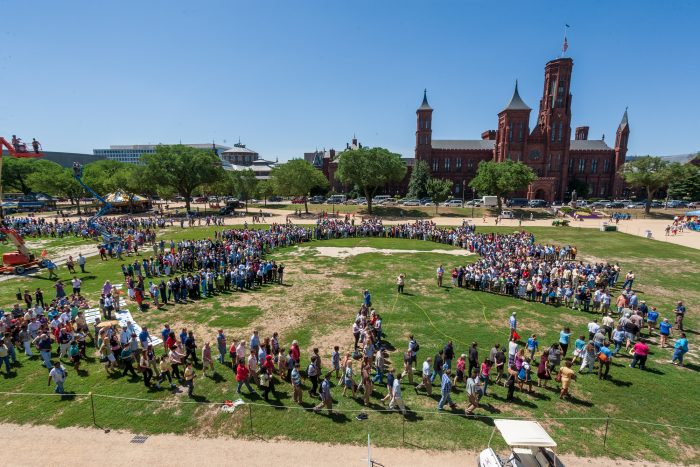 Staff gather on the mall