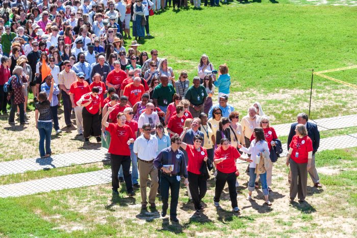 Staff gather on the mall