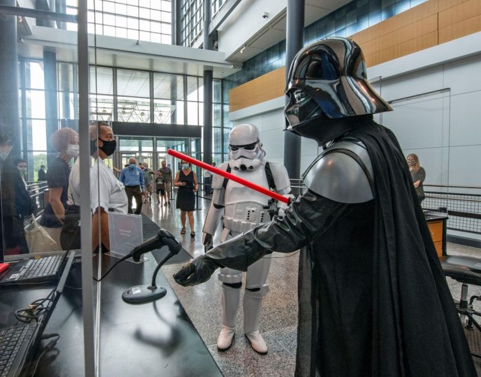 Darth Vader greets visitors