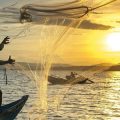 Man in canoe throwing net in water, sunset in background