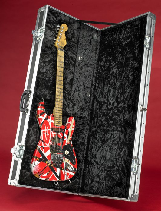 Red, white and black "Frank II" custom guitar in case