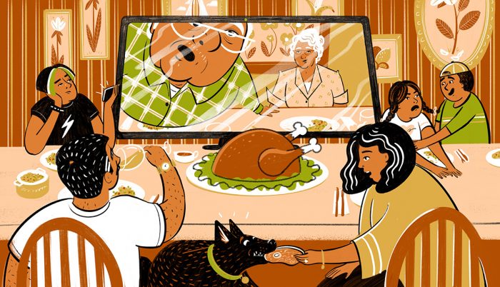 illustration of a family eating Thanksgiving dinner in front of computer screen