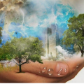 Banner featuring hand holding waterfall and trees