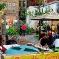 People enjoying urban community garden