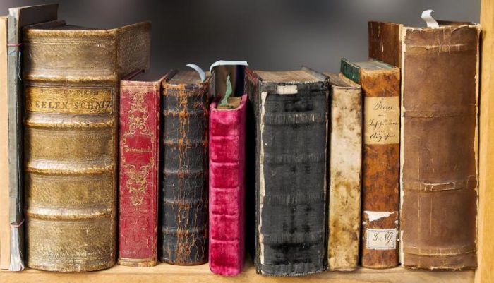 Old books lined up on a shelf