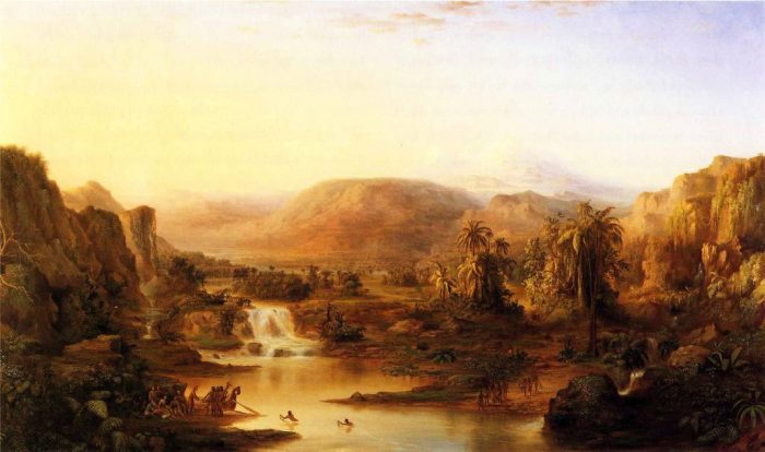 Dreamy landscape with calm river in foreground