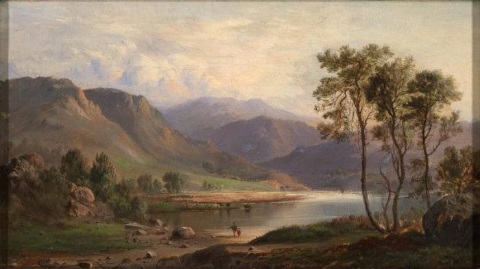 Landscape of serene lake and hills