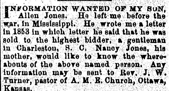 Ad seeking information about enslaved son