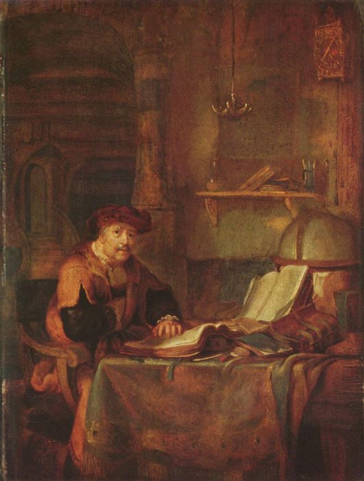 Old Dutch painting of a scholar at his desk