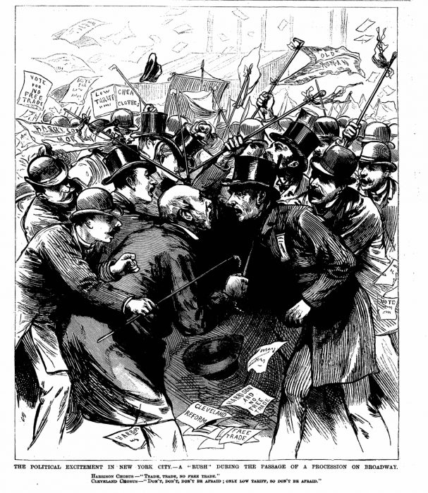 Cartoon showing 1888 street fight