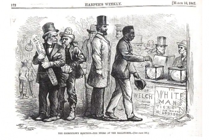 Cartoon showing black voters and unhappy white politicians