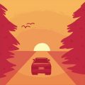 graphic of car traveling into the sunset