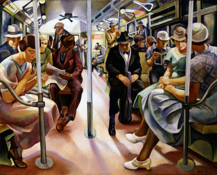 Painting "Subway" showing passengers on a train