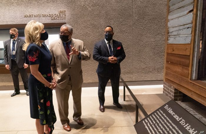 Jill Biden with Lonnie Bunch and Kevin Young