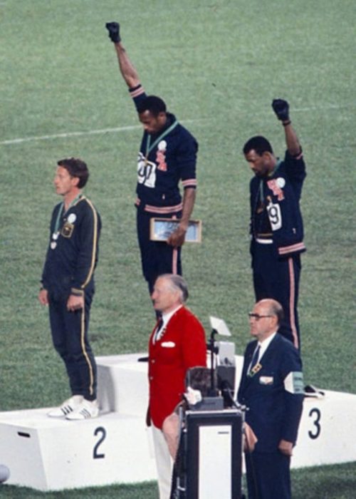 Black athletes raising black power fist at 1968 Olympics