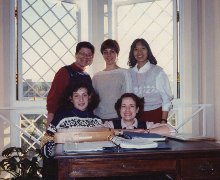 Information Resources Division (IRD) in the Castle's South Tower T550 (L-R): Nancy Anger, Lana Brown, Wendy Lim; Laura Gomez and manager Jane Gardner (front)