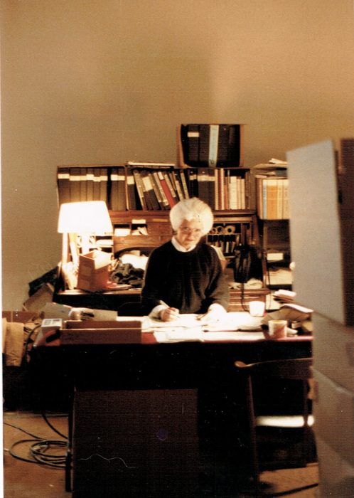 105. BeeGee Livsey, Central Services Manager, Temporary Office in the Great Hall, 1989