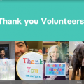 On a blue background, text reads "Thank you Volunteers!". Below that, there are four pictures of Smithsonian staff (and one elephant!) all holding signs that say "Thank you".