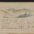 Yellowed, lined ledger page from the Yamada WWII Diary. This page includes a sketch of mountains and a small village with houses below, with shades of green and brown. Written below the sketch and along the side of the page is Japanese text. See a full transcription of this page at this link: https://transcription.si.edu/transcribe/14594/NASM-NASM-9A14520-003.