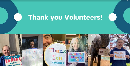 On a blue background, text reads "Thank you Volunteers!". Below that, there are four pictures of Smithsonian staff (and one elephant!) all holding signs that say "Thank you".