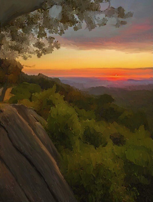 Painting of mountain sunset