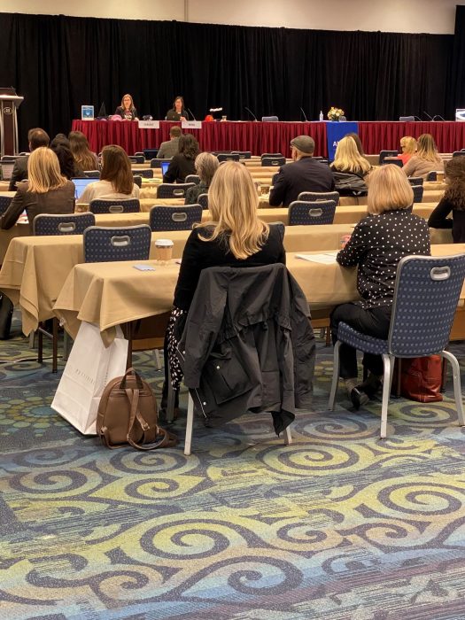 Conference attendees face panelists at red-draped table