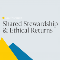 A blue and yellow design of triangles; in the middle, text states "Smithsonian Shared Stewardship and Ethical Returns".