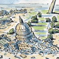 Cartoon showing damaged Capitol and other buildings on the Mall