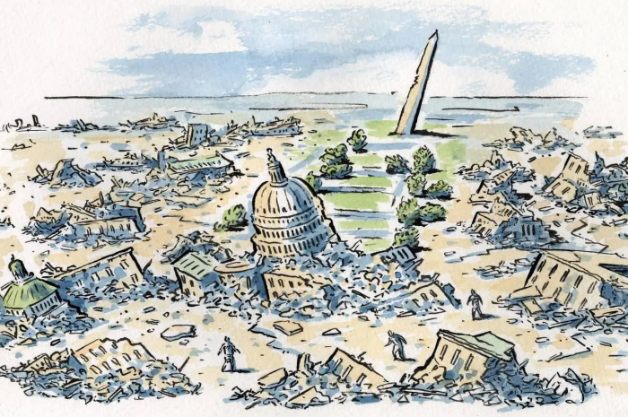 Cartoon showing damaged capitol and other buildings on the Mall