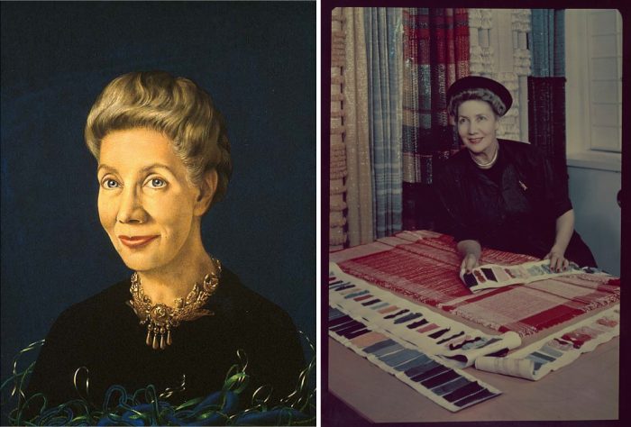 Composite of painting of Dorothy Liebes and a phot of her at her desk in the 1930s