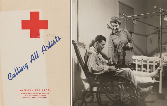 Composite photo of Red Cross brochure and wounded soldier recovering in wheelchair