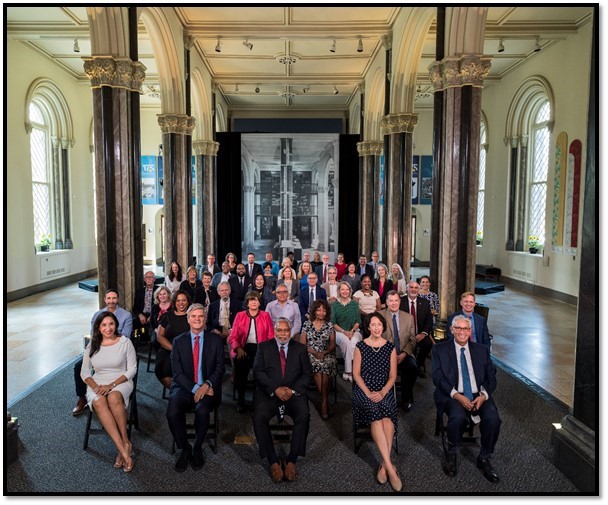 Smithsonian Secretary Lonnie Bunch and senior staff seated in Great Hall of the Smithsonian Castle (2021)