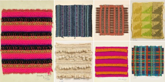 Several square samples of various colorful woven textiles