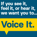 Alternate graphic from Voice It campaign, yellow and white on blue
